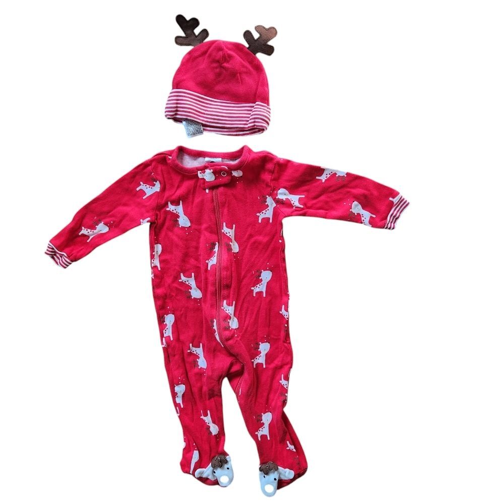 Gerber Holiday Long Sleeve Red Reindeer Sleep & Play with Hat Size 3-6 months